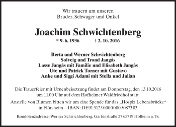 Traueranzeige von Joachim Schwichtenberg von Trauerportal Rhein Main Presse