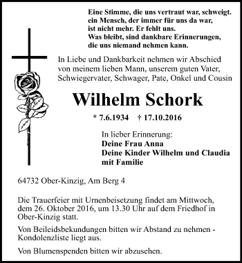 Traueranzeige von Wilhelm Schork von Trauerportal Echo Online