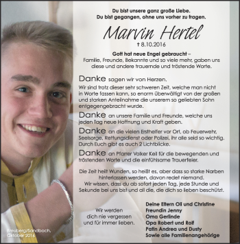 Traueranzeige von Marvin Hertel von Trauerportal Echo Online