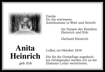 Traueranzeige von Anita Heinrich von  Gießener Anzeiger