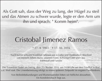 Traueranzeige von Cristobal Jimenez Ramos von  Usinger Anzeiger