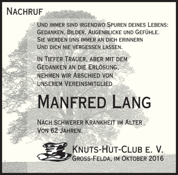 Traueranzeige von Manfred Lang von VRM Trauer