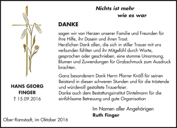 Traueranzeige von Hans Georg Finger von Trauerportal Echo Online