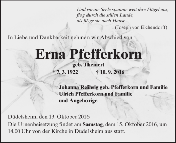 Traueranzeige von Erna Pfefferkorn von  Kreisanzeiger