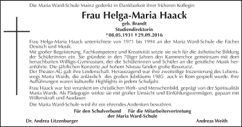 Traueranzeige von Helga-Maria Haack von Trauerportal Rhein Main Presse