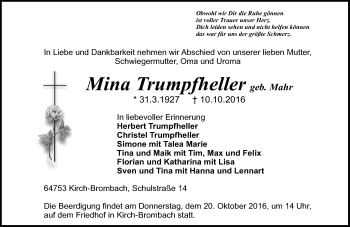 Traueranzeige von Mina Trumpfheller von Trauerportal Echo Online