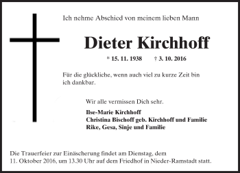 Traueranzeige von Dieter Kirchhoff von Trauerportal Echo Online