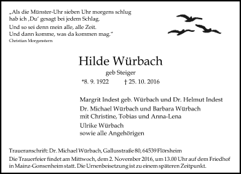 Traueranzeige von Hilde Würbach von Trauerportal Rhein Main Presse