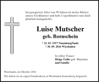 Traueranzeige von Luise Mutscher von Trauerportal Rhein Main Presse