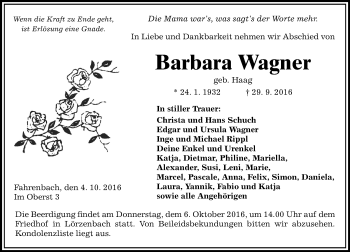 Traueranzeige von Barbara Wagner von Trauerportal Echo Online