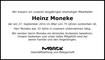 Traueranzeige von Heinz Moneke von Trauerportal Echo Online