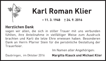 Traueranzeige von Karl Roman Klier von  Gießener Anzeiger