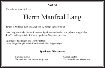 Traueranzeige von Manfred Lang von VRM Trauer