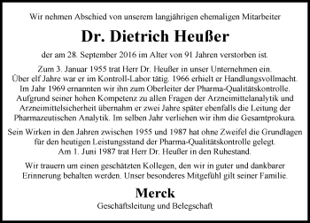 Traueranzeige von Dietrich Heußer von Trauerportal Echo Online