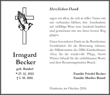 Traueranzeige von Irmgard Becker von Trauerportal Rhein Main Presse