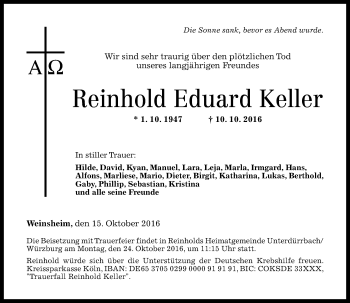 Traueranzeige von Reinhold Eduard Keller von Trauerportal Rhein Main Presse