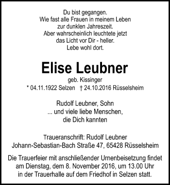 Traueranzeige von Elise Leubner von Trauerportal Rhein Main Presse