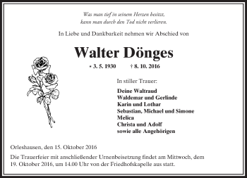 Traueranzeige von Walter Dönges von  Kreisanzeiger
