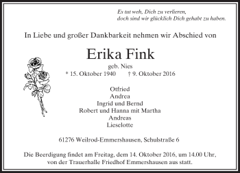 Traueranzeige von Erika Fink von  Usinger Anzeiger