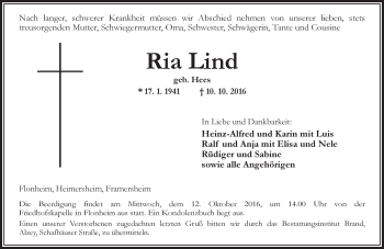 Traueranzeige von Ria Lind von Trauerportal Rhein Main Presse
