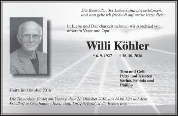Traueranzeige von Willi Köhler von  Gelnhäuser Tageblatt