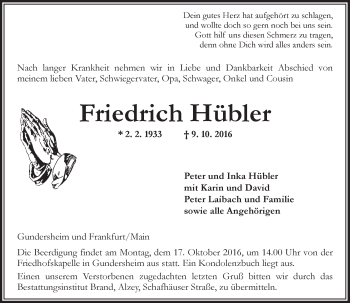 Traueranzeige von Friedrich Hübler von Trauerportal Rhein Main Presse
