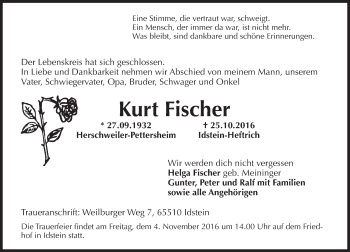 Traueranzeige von Kurt Fischer von Trauerportal Rhein Main Presse