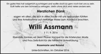 Traueranzeige von Willi Assmann von  Kreisanzeiger