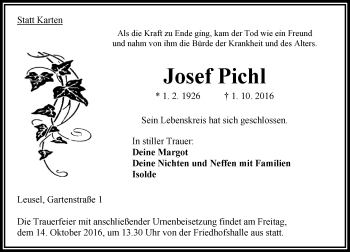 Traueranzeige von Josef Pichl von VRM Trauer