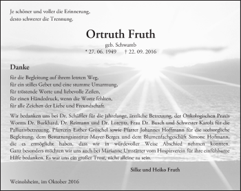 Traueranzeige von Ortruth Fruth von Trauerportal Rhein Main Presse