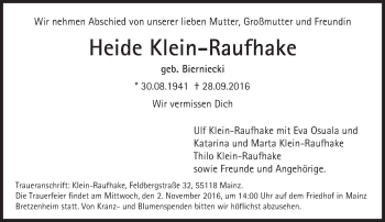 Traueranzeige von Heide Klein-Raufhake von Trauerportal Rhein Main Presse