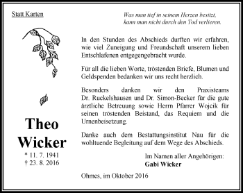 Traueranzeige von Theo Wicker von VRM Trauer
