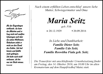 Traueranzeige von Maria Seitz von Trauerportal Rhein Main Presse