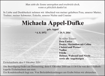 Traueranzeige von Michaela Appel-Dufke von  Kreisanzeiger