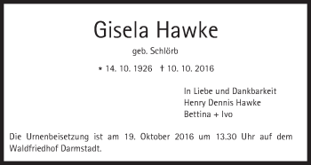 Traueranzeige von Gisela Hawke von Trauerportal Echo Online