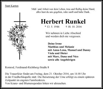Traueranzeige von Herbert Runkel von VRM Trauer