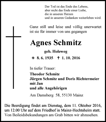 Traueranzeige von Agnes Schmitz von Trauerportal Rhein Main Presse