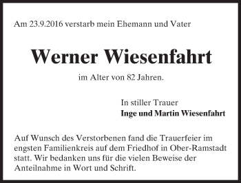 Traueranzeige von Werner Wiesenfahrt von Trauerportal Echo Online