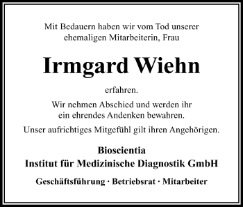 Traueranzeige von Irmgard Wiehn von Trauerportal Rhein Main Presse