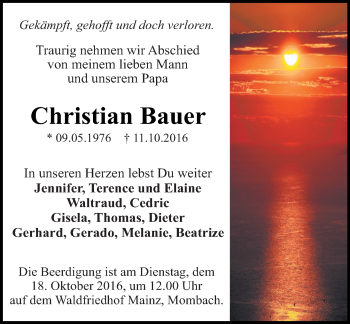 Traueranzeige von Christian Bauer von Trauerportal Rhein Main Presse