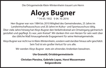 Traueranzeige von Aloys Bugner von Trauerportal Rhein Main Presse