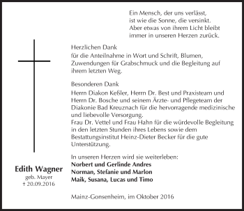 Traueranzeige von Edith Wagner von Trauerportal Rhein Main Presse