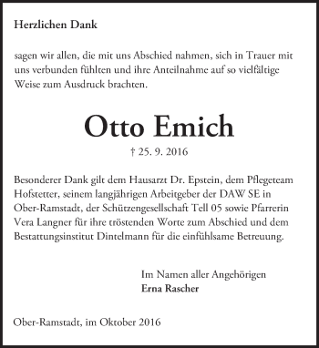 Traueranzeige von Otto Emich von Trauerportal Echo Online