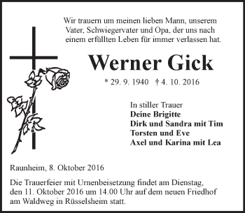 Traueranzeige von Werner Gick von Trauerportal Rhein Main Presse