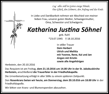 Traueranzeige von Katharina Justina Söhnel von VRM Trauer