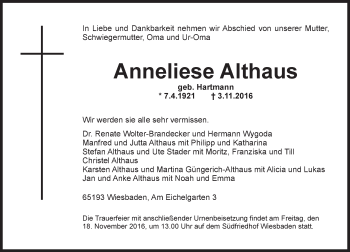 Traueranzeige von Anneliese Althaus von Trauerportal Rhein Main Presse