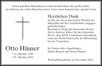 Traueranzeige von Otto Häuser von  Camberger Anzeiger