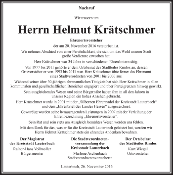 Traueranzeige von Helmut Krätschmer von VRM Trauer