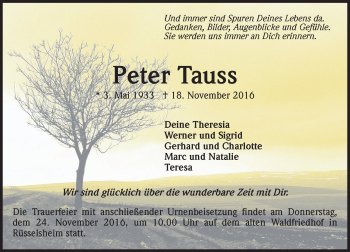 Traueranzeige von Peter Tauss von Trauerportal Rhein Main Presse