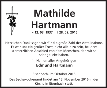 Traueranzeige von Mathilde Hartmann von  Camberger Anzeiger